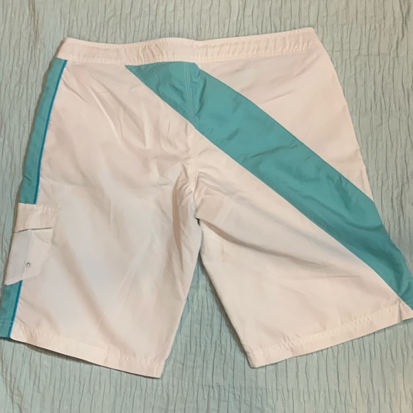Men’s White & Teal Unlined Velcro Swim Shorts Med - Picture 3 of 6